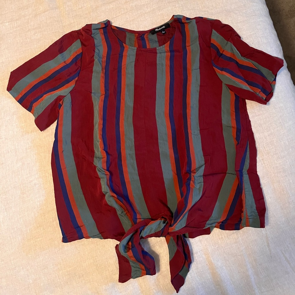 Madewell Red Multicolor Striped Tie-Front Blouse